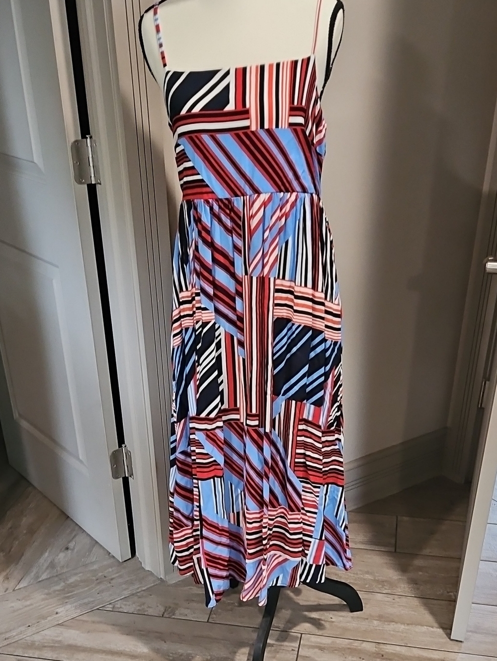 Maurices Striped Patchwork Maxi Dress in Blue, Red, Black & White